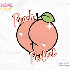 Peut inclure: Conception graphique Peach Perfect avec deux moitiés de pêche, une feuille verte et des détails scintillants. Les pêches sont roses et soulignées de noir.