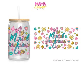 Taza de colapso mental PNG: Diseño de sublimación para envolver latas de vidrio de 16 oz (descarga digital)