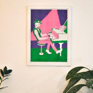 Jazz Cat A3 Poster Riso Print - Purple Green and Pink Risograph - present for musician - Piano Art Gift for him and her