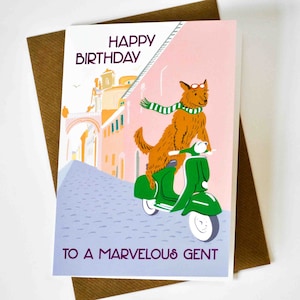"Happy Birthday Karte für einen wunderbaren Mann - Eine liebevolle illustrierte Grußkarte für Ihn - mit einem Hund auf einem Fahrrad."