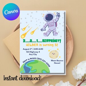 Invitations d'anniversaire d'espace d'enfants, invitations d'espace extra-atmosphérique, invitations de fête personnalisées, modèle d'anniversaire d'enfant, invitations numériques, anniversaire de garçon