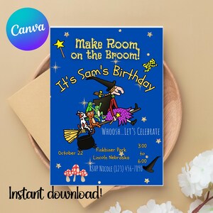 Zimmer auf dem Besen Geburtstagseinladung, Hexe Geburtstag, Herbst Party einladen, Kindergeburtstag, digitale Einladungen, Oktober, Kinderpartyeinladung