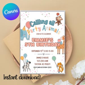 Invitación de cumpleaños de animales, invitaciones para fiestas, cumpleaños infantiles, invitaciones digitales, zoológico, fiesta de niños pequeños, cumpleaños de niñas pequeñas, fiesta infantil personalizada