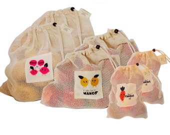 6-Pack Reusable Produce Organic Cotton Mesh Bags with Fun Puns