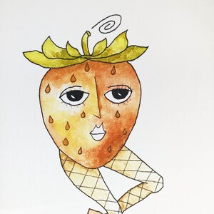 Strawberry Pinup Art Print, Wall Art, Wall Decor, Home Decor, Feminine Art, Pinup Art, Watercolor Painting, Mixed Media, Fruit Art, Kitchen