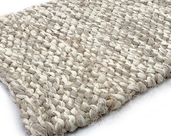 Small Upcycled T-Shirt Rug w/ Loosely Woven Gold Strands (Ivory & Beige)