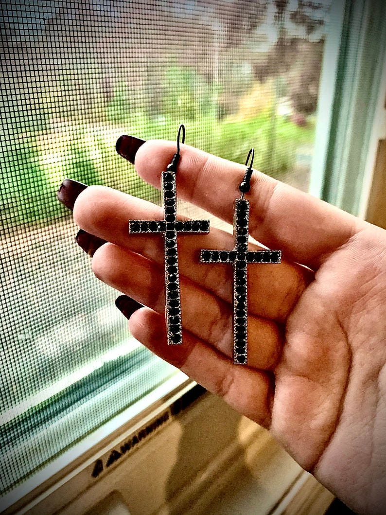Black gem cross earrings