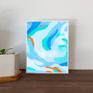 Tarjeta de felicitación abstracta azul pacífica, tarjeta azul y naranja en blanco, tarjeta de arte abstracto, tarjeta para él, arte pacífico, tarjeta de pintura original