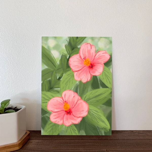 Pink Hibiscus Oil Painting Art Print, Floral Artwork, Tropical Home Decor, Pink Flower Wall Art, Peintures végétales pour Home Decor