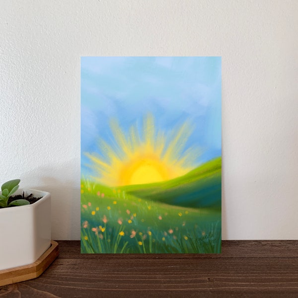 Abstract Meadow Sunrise Painting Art Print, Œuvre d’art de paysage, Décoration de Pâques, Art mural sunrise, Peintures florales pour la décoration intérieure