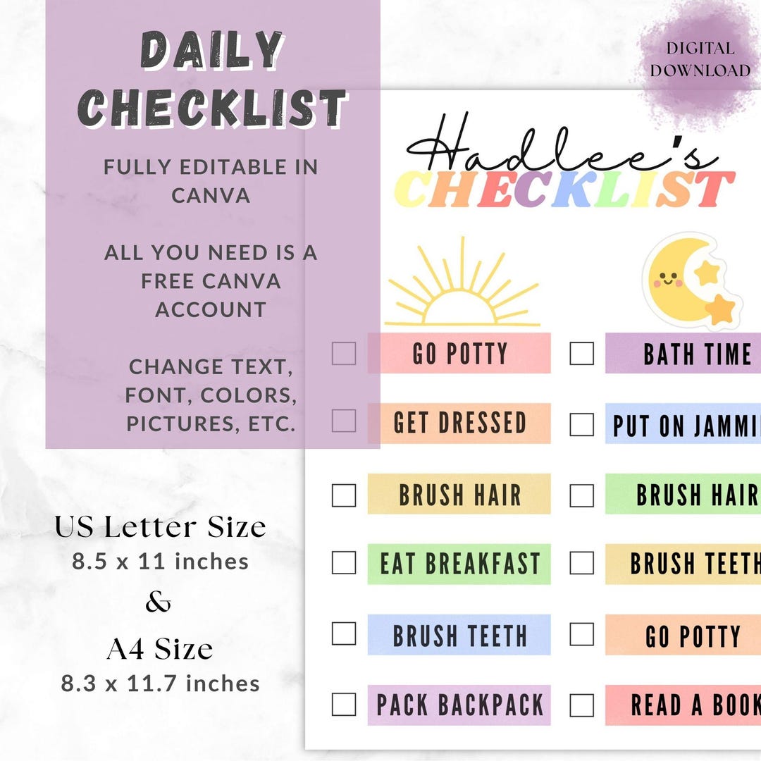 Editable Checklist Template, Printable Routine Chart, Canva to Do List ...