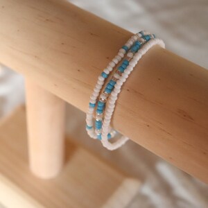 Seed Bead Stretch Bracelet/Anklet Set - Ocean Waves - White - Soft Breeze - Jewelry, Gift, Simple