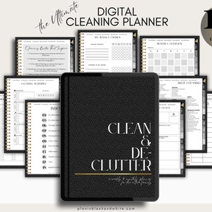 Op de afbeelding: Een digitale schoonmaakplanner met 17 hyperlinks. De planner heeft een zwarte leren omslag met gouden accenten en de tekst "Clean & Declutter" in wit. De planner bevat pagina's voor schoonmaaktaken, schema's, maandoverzichten, grondige schoonmaak en onderhoud.