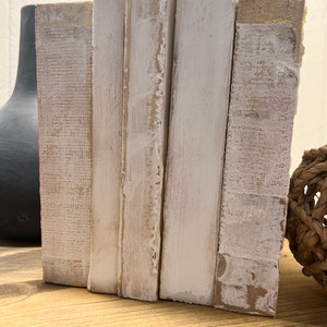May include: A set of five decorative bookends with a distressed, whitewashed finish. The bookends are arranged in a row, showcasing a rustic, farmhouse aesthetic. The color palette includes white, beige, and hints of brown.