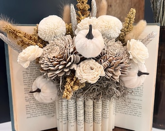 Fall Centerpiece- Dried Fall Floral Bouquet - Pumpkin Vintage Book Decor - Teacher Gift- Book Art - Fall Decor - Book Lover Decor - Autumn