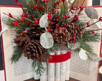Upcycled Book Vase Floral Bouquet - Vintage Book Decor - Teacher Gift- Book Art - Christmas Decor - Book Lover Decor - Shabby Chic