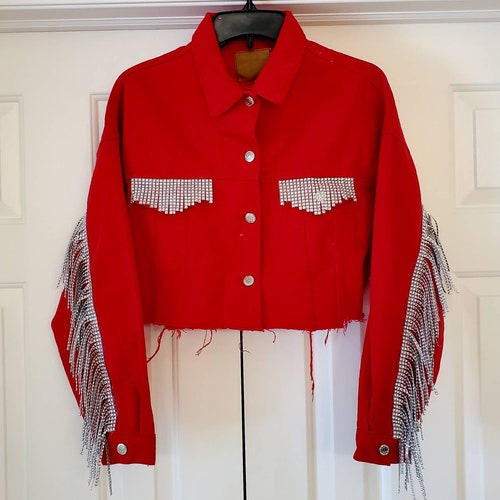 Rhinestone Fringe Black Denim Jacket Etsy