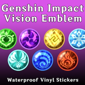 May include: Seven colourful vinyl stickers featuring the Genshin Impact Vision Emblems. The emblems are for the elements: Geo, Anemo, Electro, Cryo, Hydro, Pyro, and Dendro.