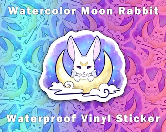 Watercolor Moon Rabbit Sticker: Waterproof Vinyl Lunar New Year Decal