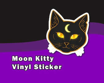 Moon Kitty schwarze Katze Halloween Aufkleber | Wasserfester Vinyl-Aufkleber