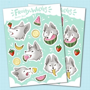 Fruchtige Wölfe | Wolf Sticker Bogen | Melone Erdbeer Zitrone Banane | Wasserfester Vinyl-Stickerbogen