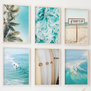 Teen Girl Room Decor, Set of 6 Prints, Set Surfboard Art, Pastel Blue Beach Surf Print Coastal Tropical California Coastal Beach Prints P644