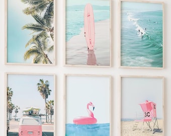 Beach Print Set of 6 Prints Set Surfboard Art Teen Girl Room Decor Pastel Blue Pink Beach Surf Print Coastal Tropical Print Ocean Art P60015