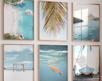 Juego de 6 impresiones: Impresión de playa, Impresión costera, Póster de playa, Arte mural costero, Impresión oceánica, Impresión de palmeras, Decoración de pared de playa, Impresión de barco, Arte de tortuga P60024