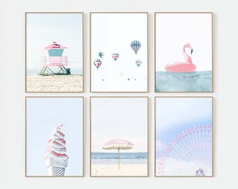 Beach, Print Set of 6 Summer California Beach, Santa Monica, Nursery Prints Coastal Prints Set Teen Girl Room Decor Pastel Pink Beach P60001