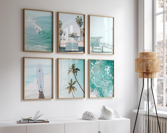 Teen Girl Room Decor Pastel Blue Beach, Set of 6 Prints, Set Surfboard Art Surf Print Coastal Tropical California Coastal Beach Prints P6-31