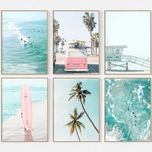 May include: Set of six framed prints featuring a pink vintage van, palm trees, surfers, and ocean waves. The prints are perfect for a beach-themed home decor.