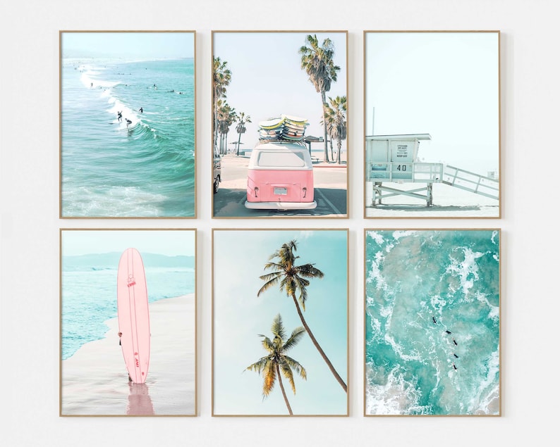 May include: Set of six framed prints featuring a pink vintage van, palm trees, surfers, and ocean waves. The prints are perfect for a beach-themed home decor.
