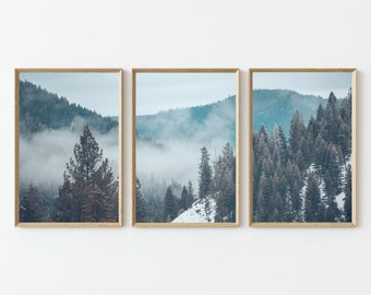 Set of 3 Scandinavian Photo Forest Misty Forest Nature Wall Art Foggy Mountain Forest Print Nordic Forest Set Landscape Photography P3-0072