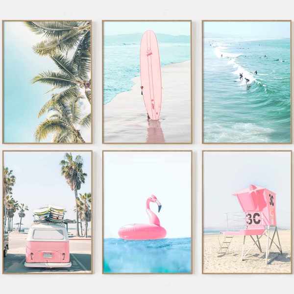 Strand print set van 6 prints set surfplank kunst tiener meisje kamer decor pastel blauw roze strand surf print kust tropische print oceaan kunst P60015