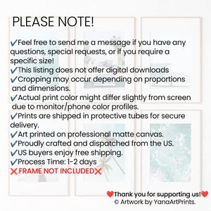 May include: A list of notes for buyers of art prints. The notes include information about the print process, shipping, and the fact that frames are not included. The text includes the phrase "PLEASE NOTE!" and "FRAME NOT INCLUDED".