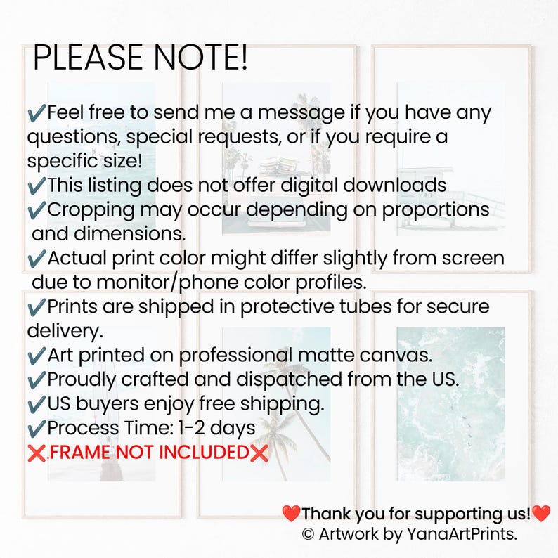 May include: A list of notes for buyers of art prints. The notes include information about the print process, shipping, and the fact that frames are not included. The text includes the phrase "PLEASE NOTE!" and "FRAME NOT INCLUDED".