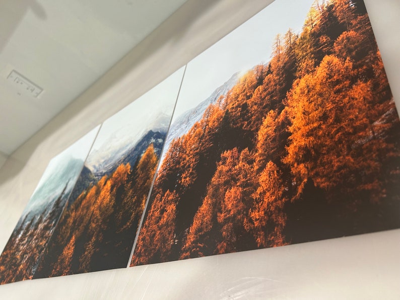 May include: A triptych of landscape photographs featuring a mountain range with a forest of trees in the foreground. The trees are a vibrant orange and yellow, indicating autumn foliage. The mountains are covered in snow and the sky is a light blue.