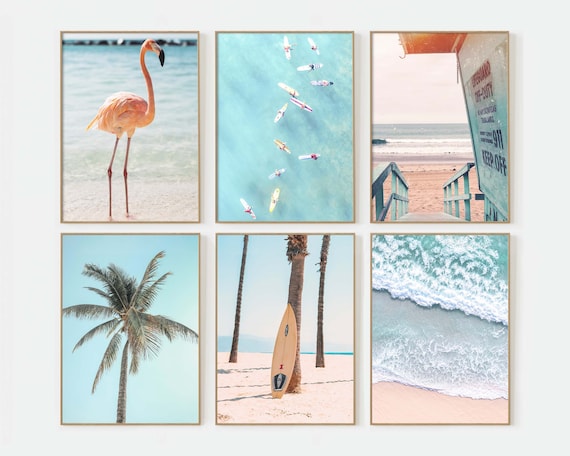 Teen Girl Room Decor Pastel Pink, Beach Print Set of 6, Summer California Beach Nursery Prints Coastal Print, Set Tropical Beach Print P6020