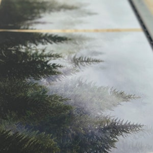 May include: A photograph of a misty forest with tall evergreen trees. The trees are silhouetted against a white, hazy sky.