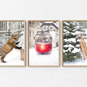 Nature Wall Art Winter Poster Christmas Poster Set 3 Prints Christmas Wall Print Fox Poster Winter Sled Snow Red Tram Wall Art Set P3-0040