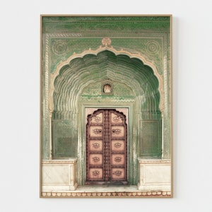 Moroccan Print, Wall Art Neutral Arabic Picture Print, Islamic Architecture Poster, Green Indian Door Udaipur Door Photo Jaipur Door P1-0039