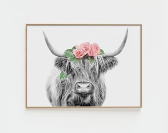 Highland Cow Print With Flower Crown, Highland Cow Print, Girl Nursery Prints, Flower Crown Cow Print, Highland Cow Nursery Wall Art. PL0001
