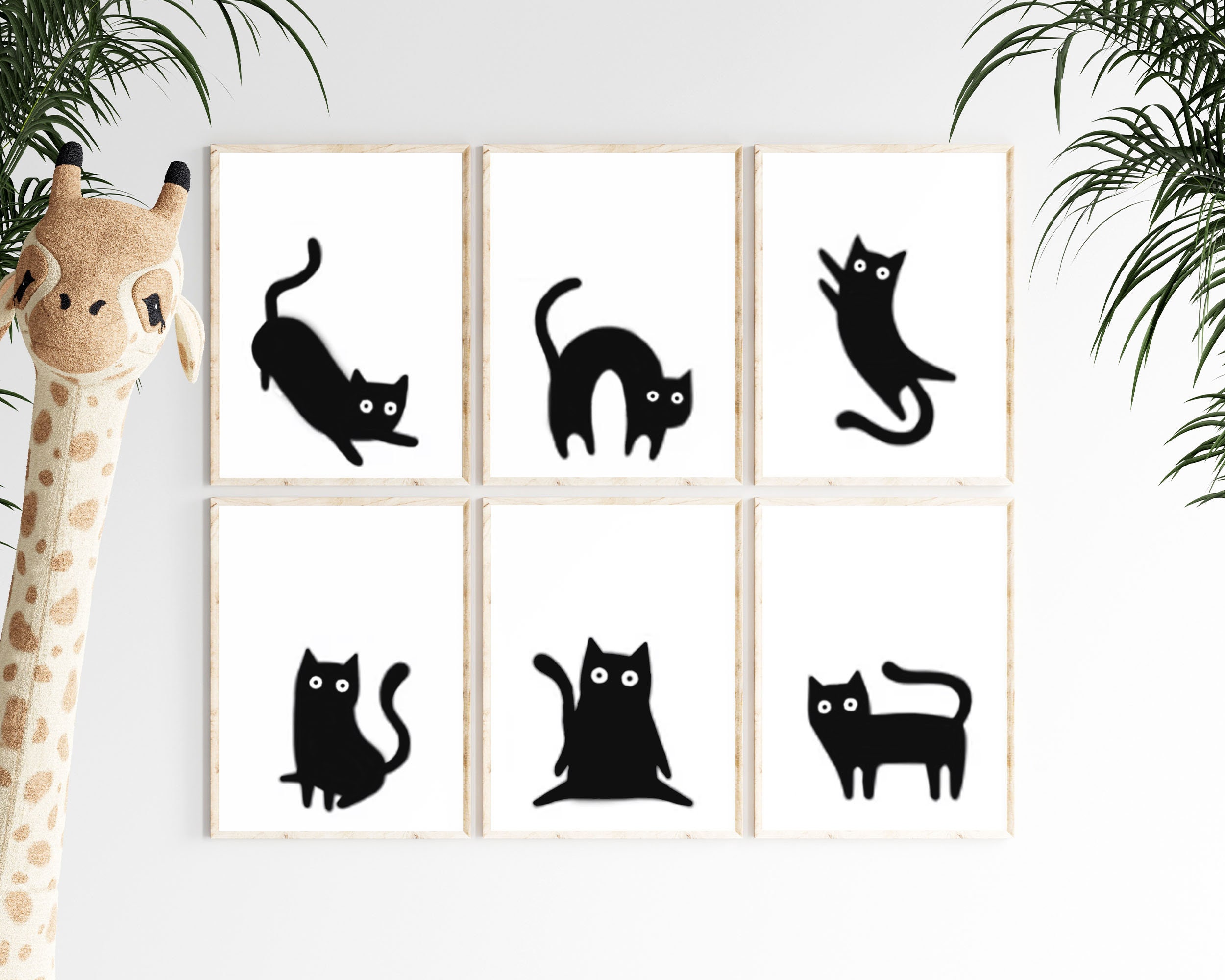 Cat Bathroom Art Set of 6 Prints Cat Wall Art Black Cat Wall Art Boho