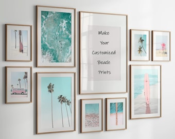 Customized Beach Prints| Set Surfboard Art| Teen Girl Room Decor| Pastel Blue Beach| Surf Print| Coastal Tropical| California Coastal Beach.