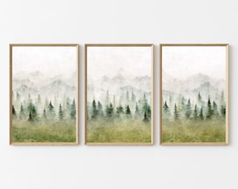Foggy Landscape Wilderness Art Set 3 Print Green Forest Nature Photography Giclee Forest Scandinavian Nature Wall Art Pine Trees Set P3-0066