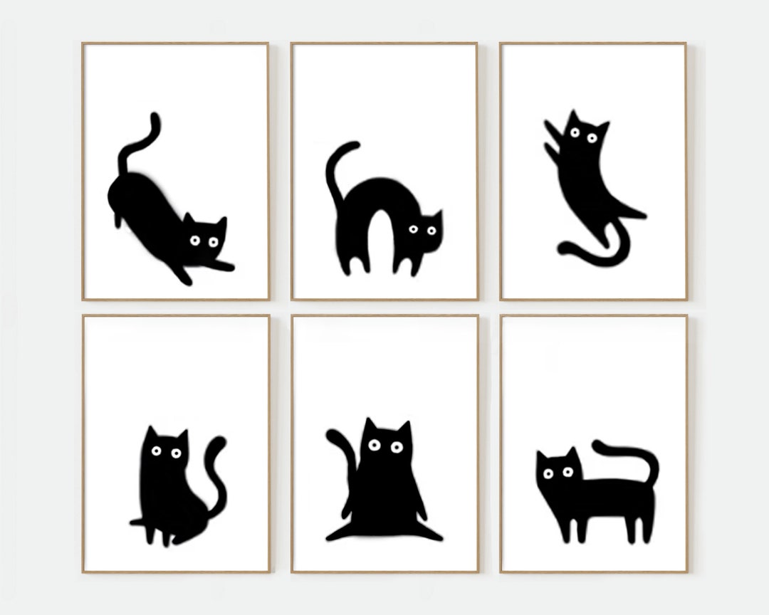 Cat Bathroom Art Set of 6 Prints Cat Wall Art Black Cat Wall Art Boho