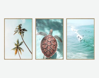 May include: A set of three framed prints featuring a tropical beach scene. The first print shows palm trees against a blue sky. The second print shows a sea turtle swimming in turquoise water. The third print shows surfers riding waves in the ocean.