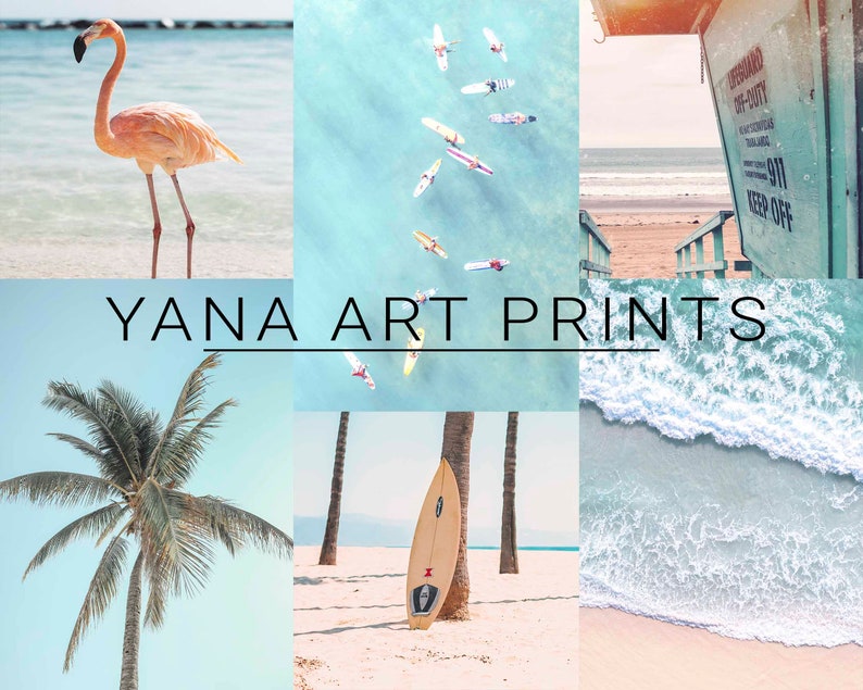 May include: A collage of six images featuring a pink flamingo, surfers on turquoise water, a lifeguard stand, a palm tree, a surfboard, and ocean waves.