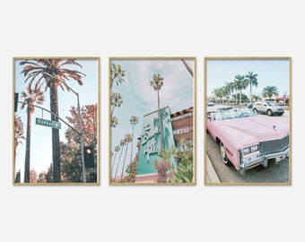 Set 3 Prints, California Palm Tree, Teen Girl Room Decor, Pastel Blue Pink, Beverly Hills Hotel Photo, Print Blush Pink and Teal Art P3-0129