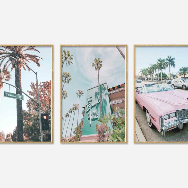 Set 3 Prints, California Palm Tree, Teen Girl Room Decor, Pastel Blue Pink, Beverly Hills Hotel Photo, Print Blush Pink and Teal Art P3-0129
